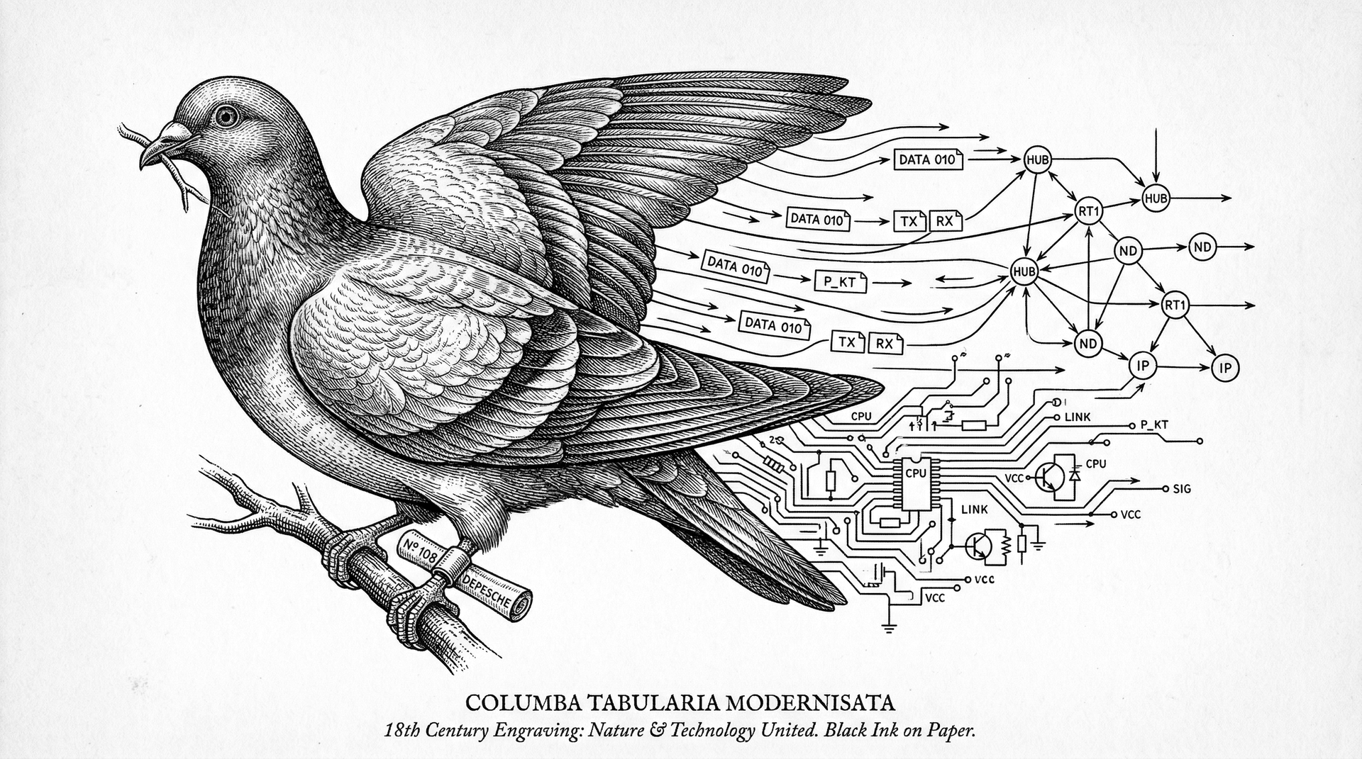 Carrier pigeon — natural history engraving dissolving into network routing diagram
