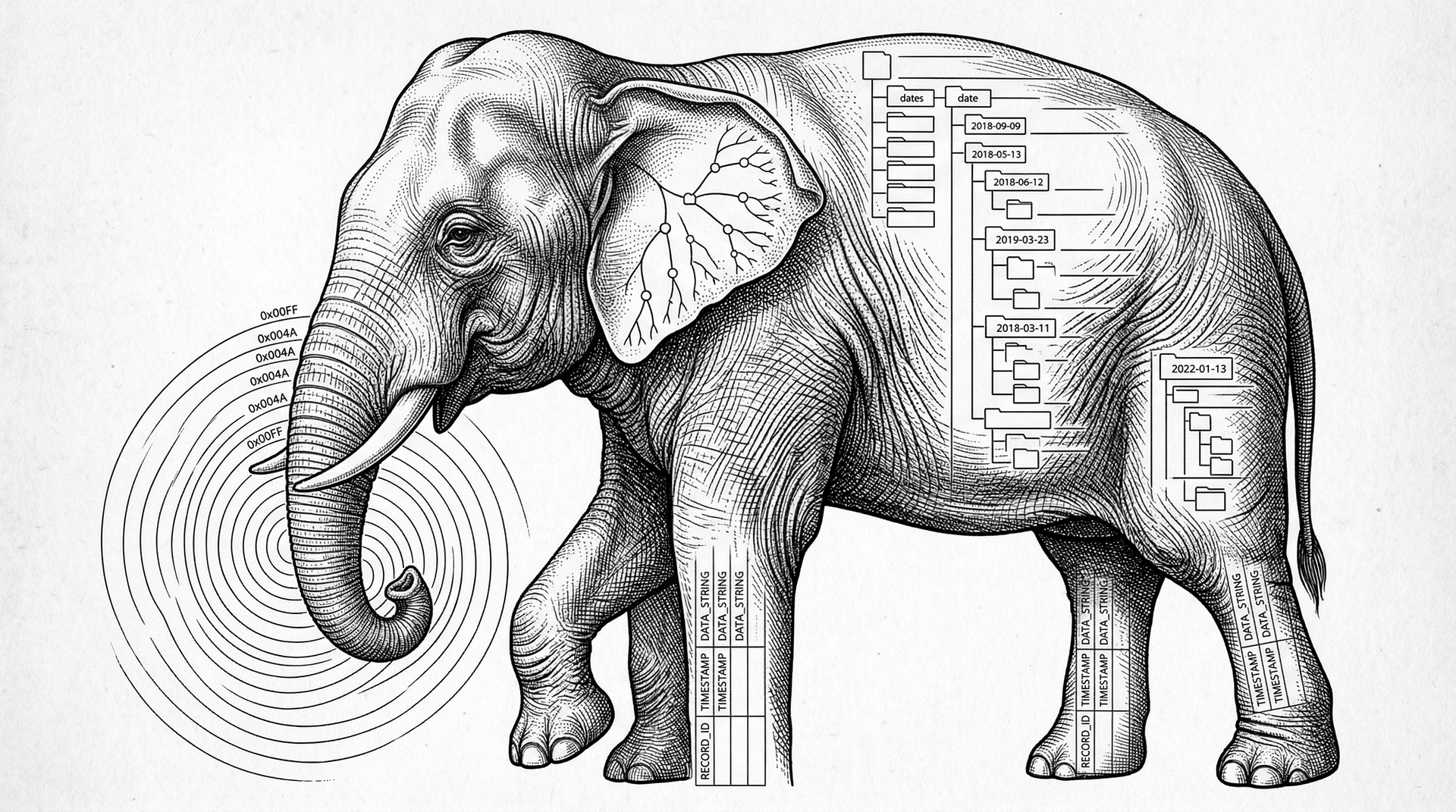Elephant — persistent memory engraving dissolving into file hierarchy architecture