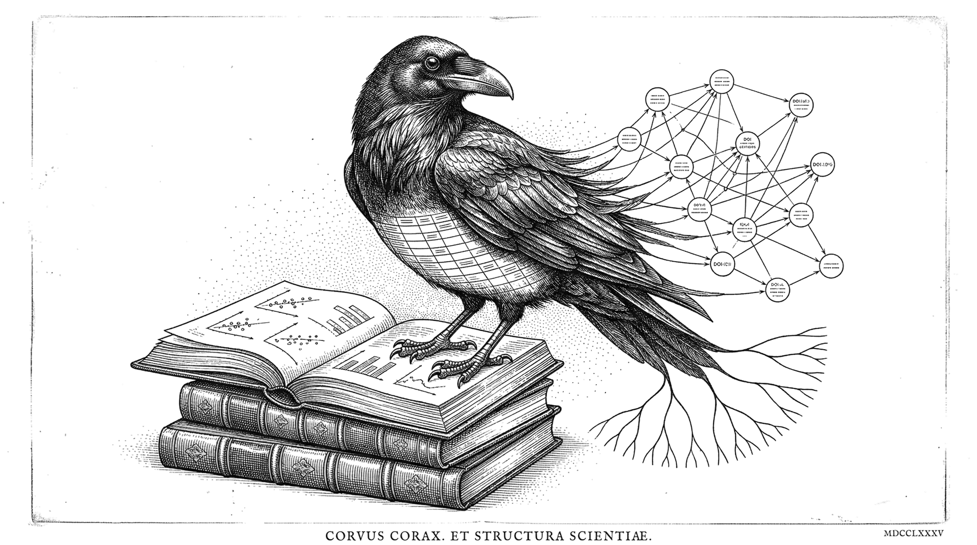 Raven perched on manuscript volumes — engraving style