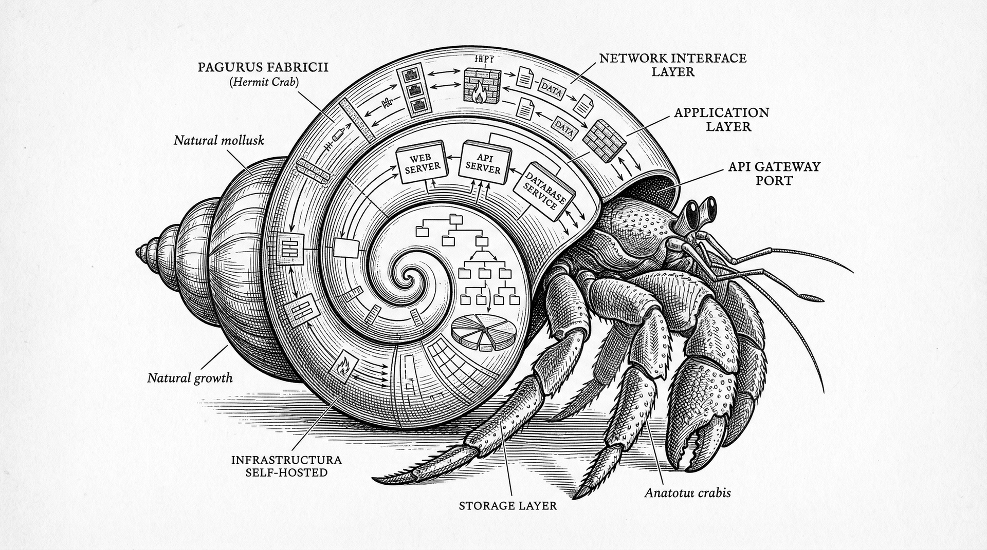 Hermit crab — self-contained server architecture engraving