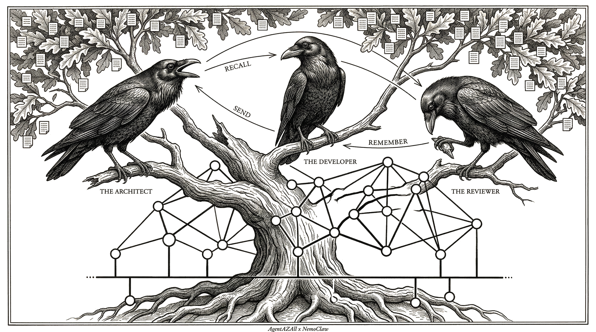 Three ravens — The Architect, The Developer, The Reviewer — connected by recall, send, and remember