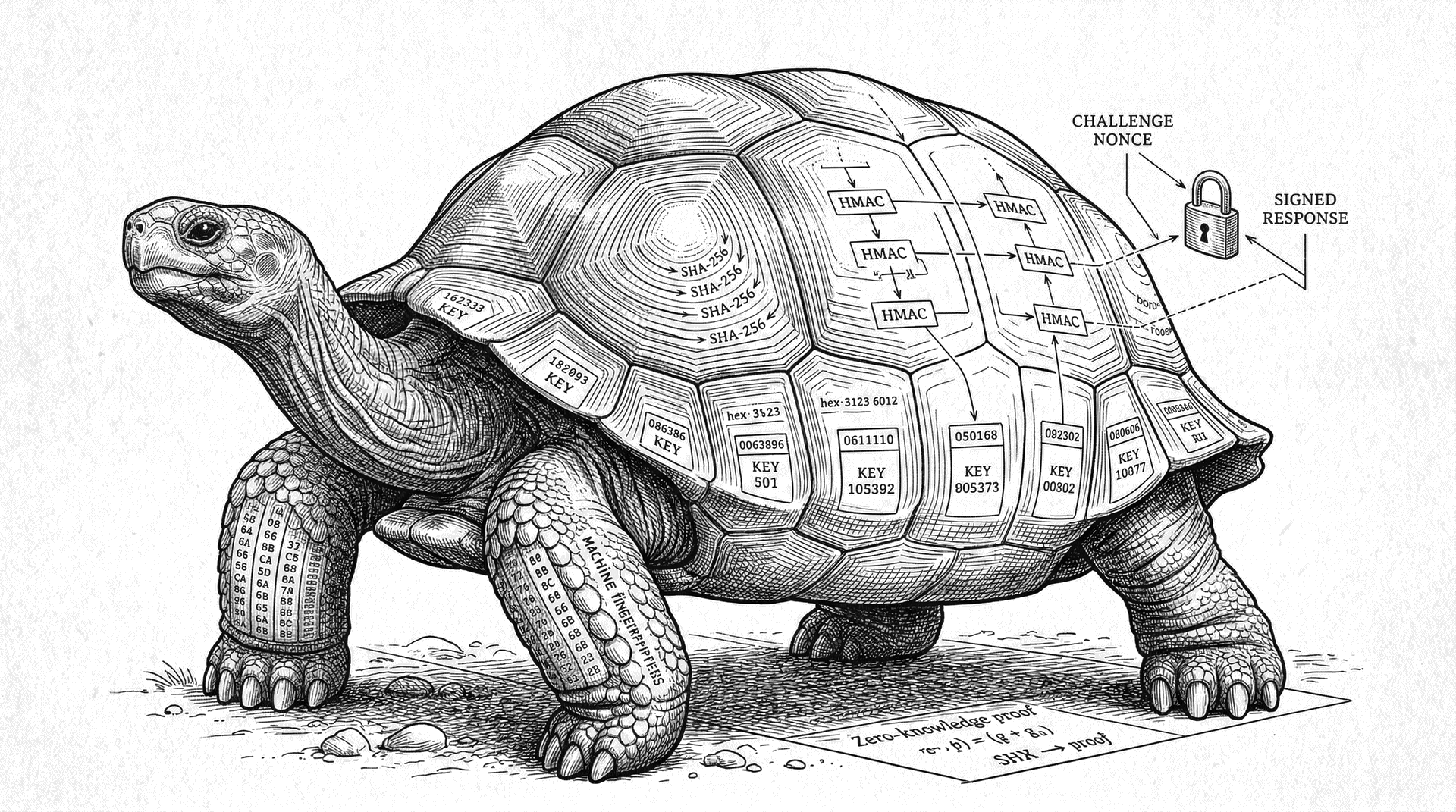 Trust binding — cryptographic proof of ownership, giant tortoise with HMAC-SHA256 shell armor